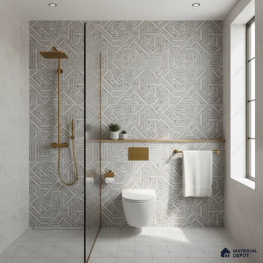 Modern bathroom with geometric patterned wall tiles and light grey floor tiles