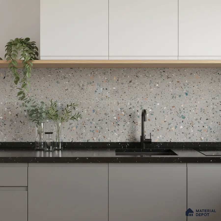 Minimalist kitchen with terrazzo backsplash tile, matte grey laminate cabinets, and black quartz countertop