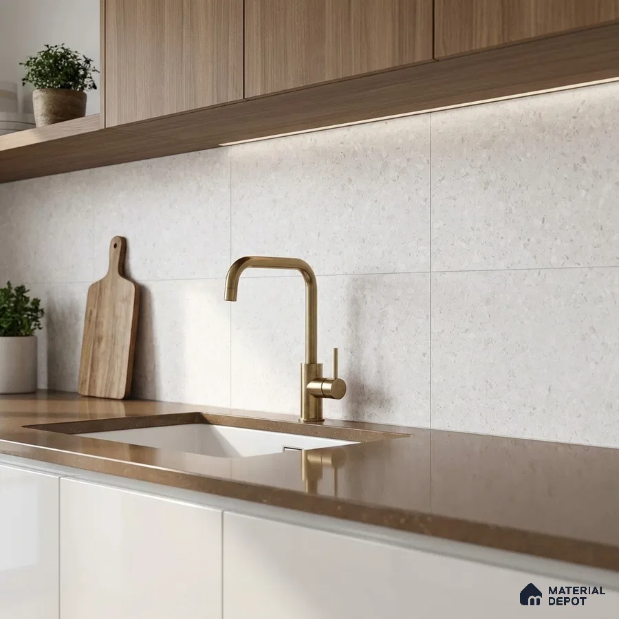 Modern kitchen with walnut wood laminate cabinets, beige quartz countertop, and off-white stone backsplash tiles