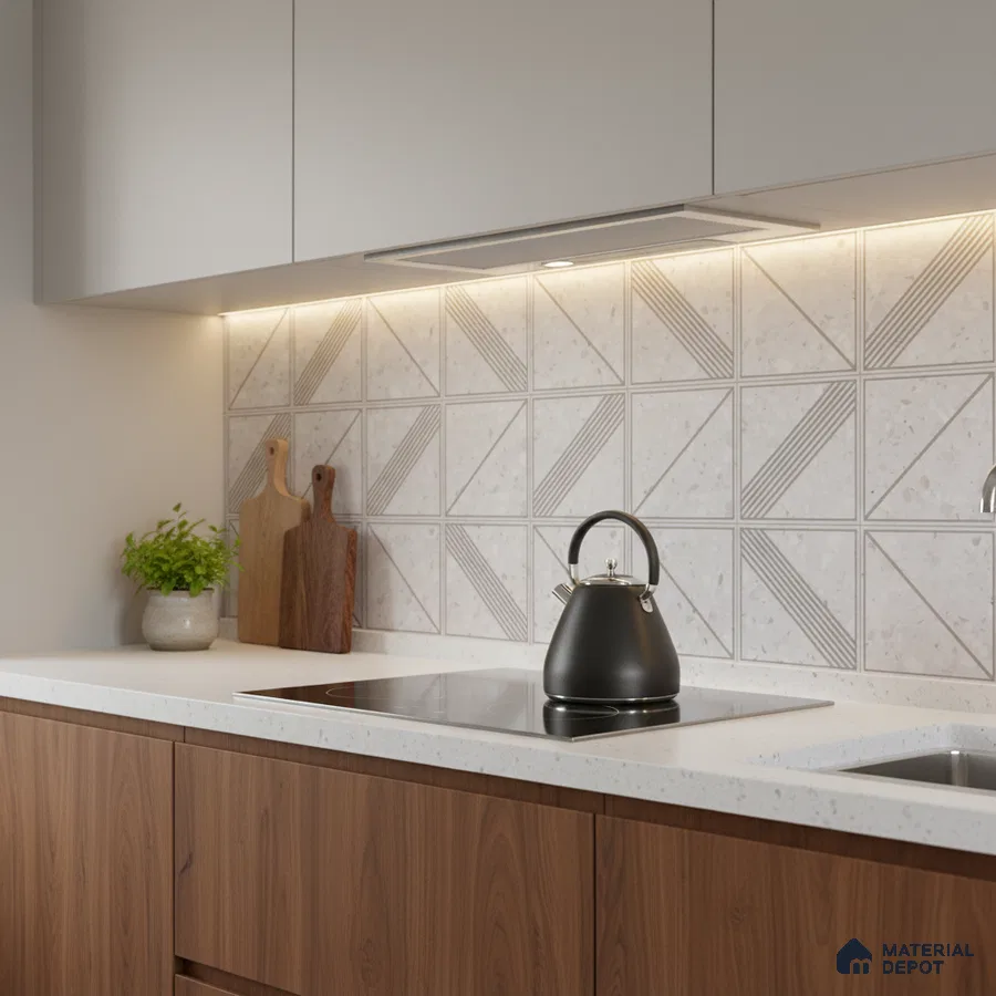 Modern kitchen with geometric patterned backsplash tile, white quartz countertop, and walnut wood laminate cabinets