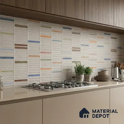 Modern kitchen with multicolor geometric textured backsplash tile and taupe laminate cabinets