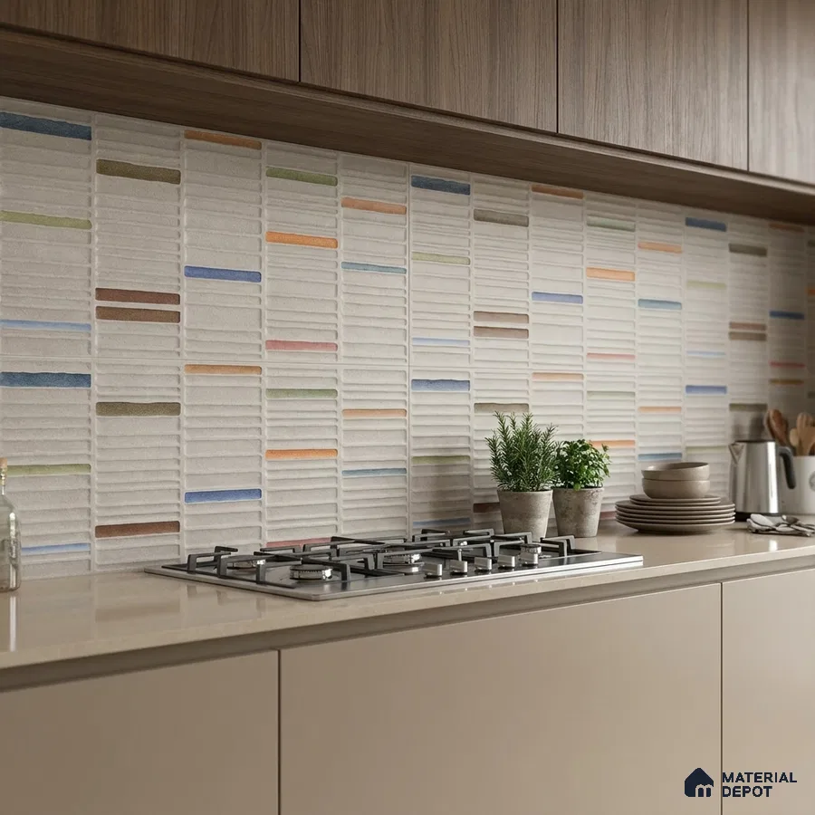 Modern kitchen with multicolor geometric textured backsplash tile and taupe laminate cabinets