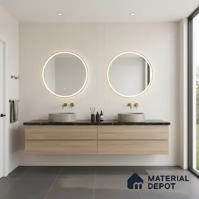 Minimalist bathroom with light oak laminate vanity, black quartz countertop, and textured white wall tiles