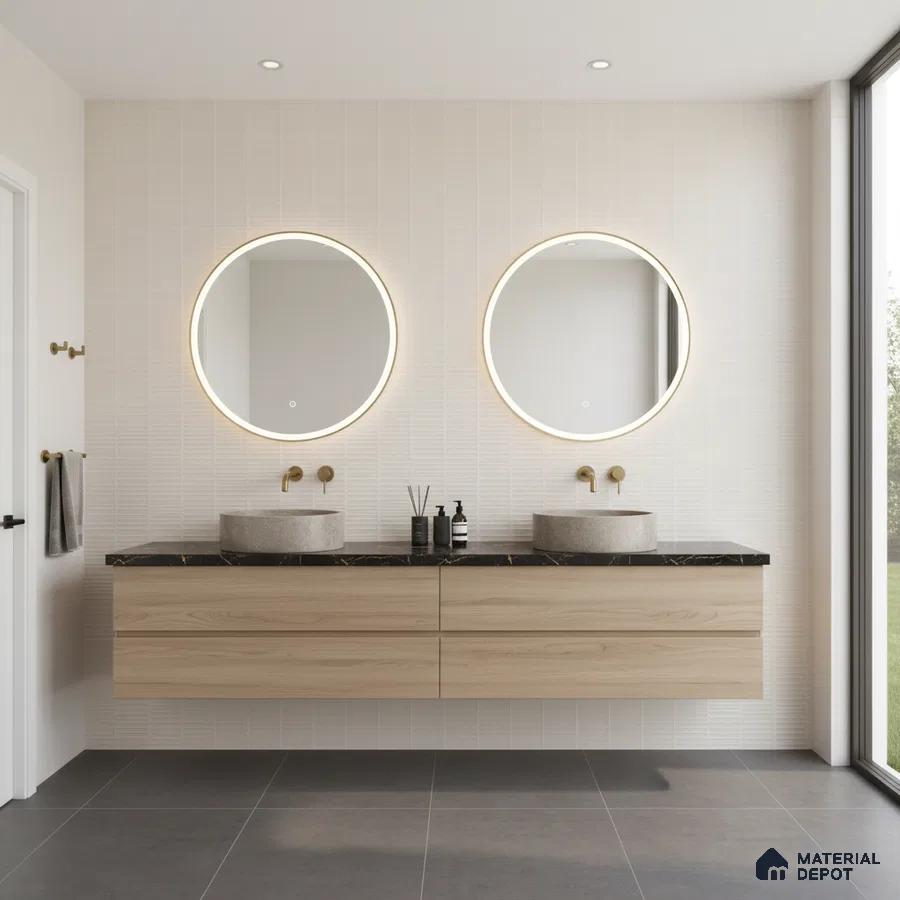 Minimalist bathroom with light oak laminate vanity, black quartz countertop, and textured white wall tiles