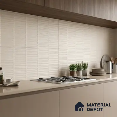 Modern kitchen with beige matte laminate cabinets, light beige textured backsplash tile, and wood grain upper cabinets