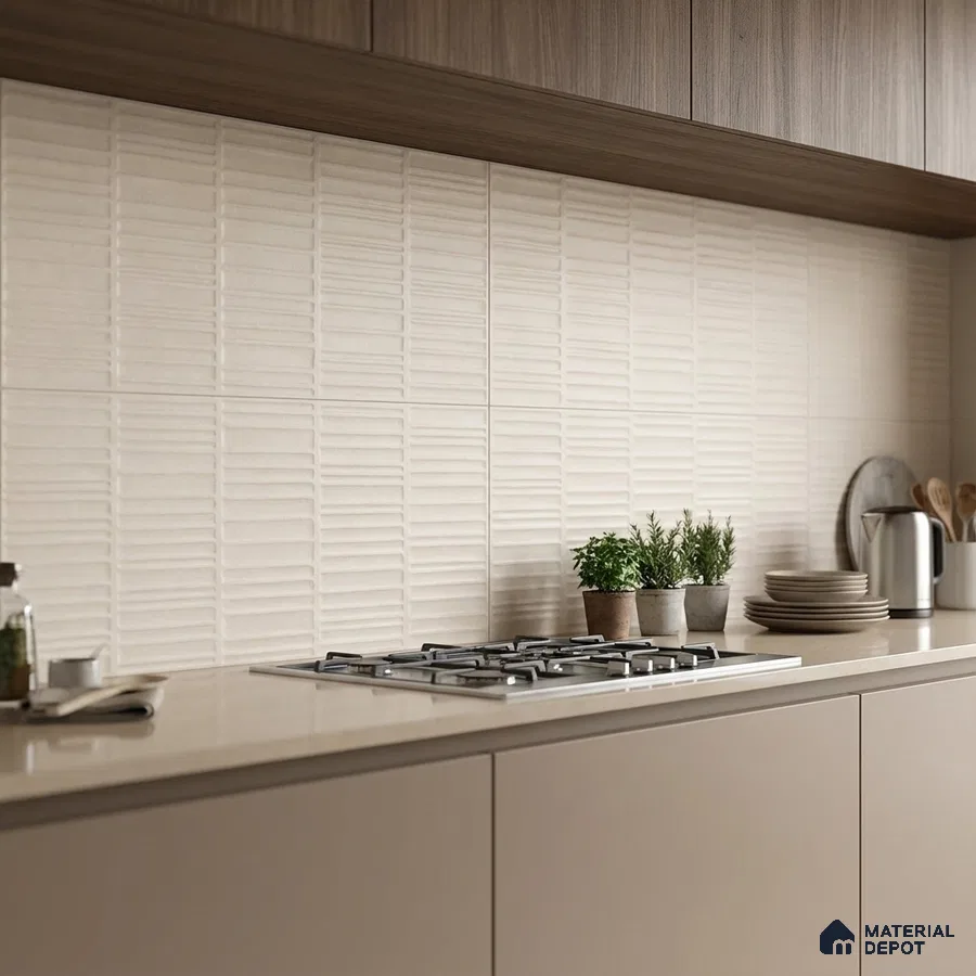 Modern kitchen with beige matte laminate cabinets, light beige textured backsplash tile, and wood grain upper cabinets