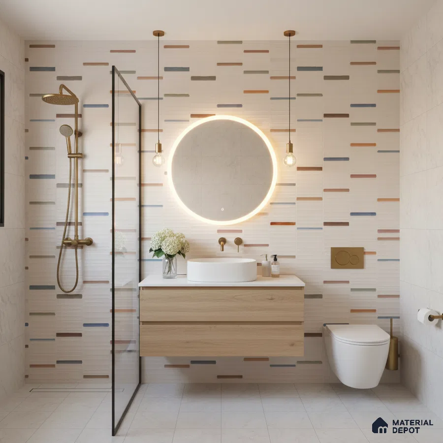 Scandinavian bathroom with multicolor patterned wall tiles and light oak vanity