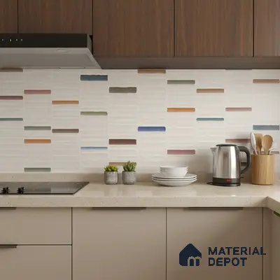 Modern kitchen with multicolor kitkat subway backsplash tile, beige quartz countertop, and walnut laminate cabinets