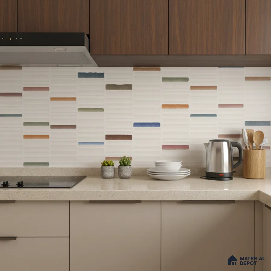Modern kitchen with multicolor kitkat subway backsplash tile, beige quartz countertop, and walnut laminate cabinets