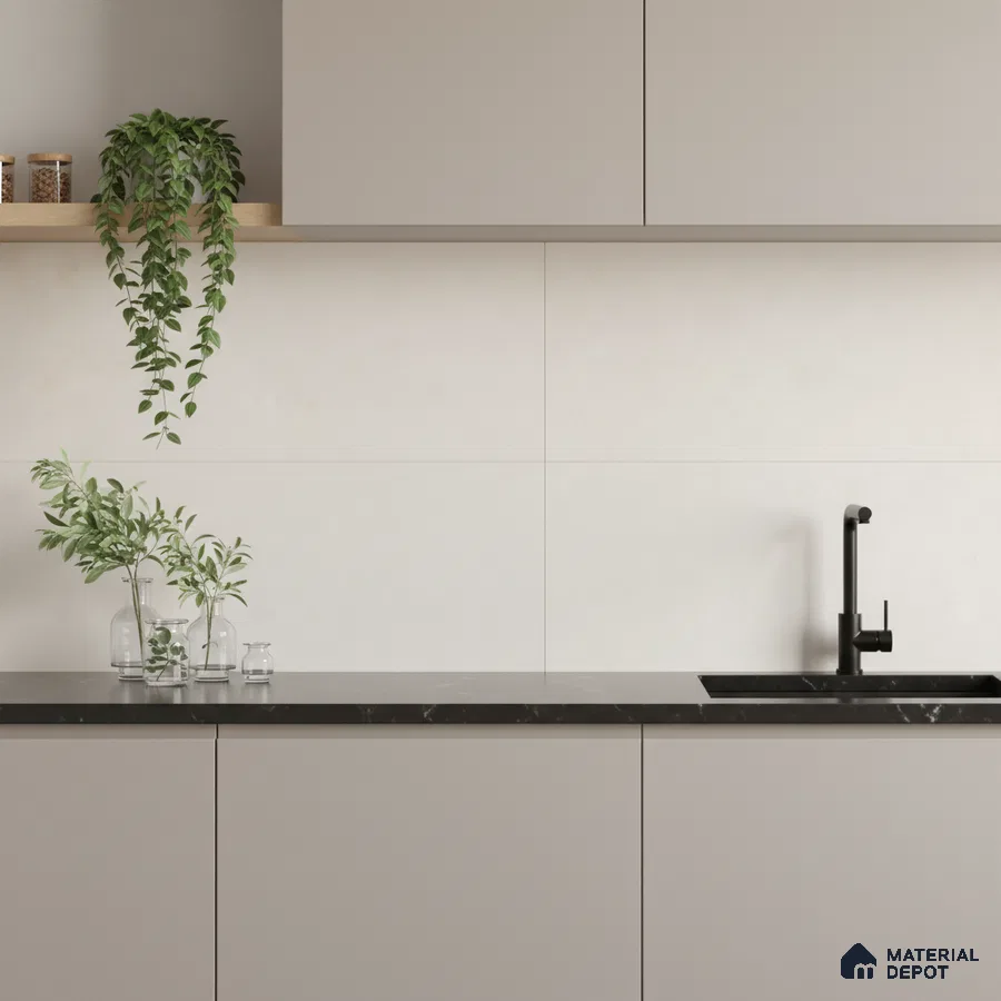 Minimalist kitchen with taupe matte laminate cabinets and black marble countertop