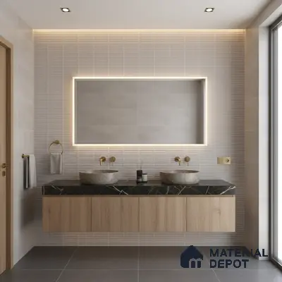 Minimalist bathroom with light oak vanity, black quartz countertop, and textured grey wall tiles