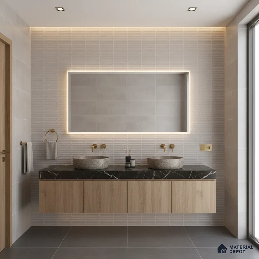 Minimalist bathroom with light oak vanity, black quartz countertop, and textured grey wall tiles