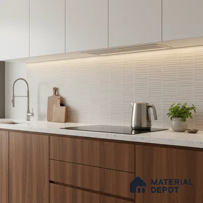 Modern kitchen with walnut wood laminate base cabinets, frosty white laminate wall cabinets, and textured white backsplash tile