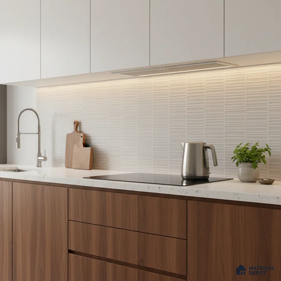 Modern kitchen with walnut wood laminate base cabinets, frosty white laminate wall cabinets, and textured white backsplash tile