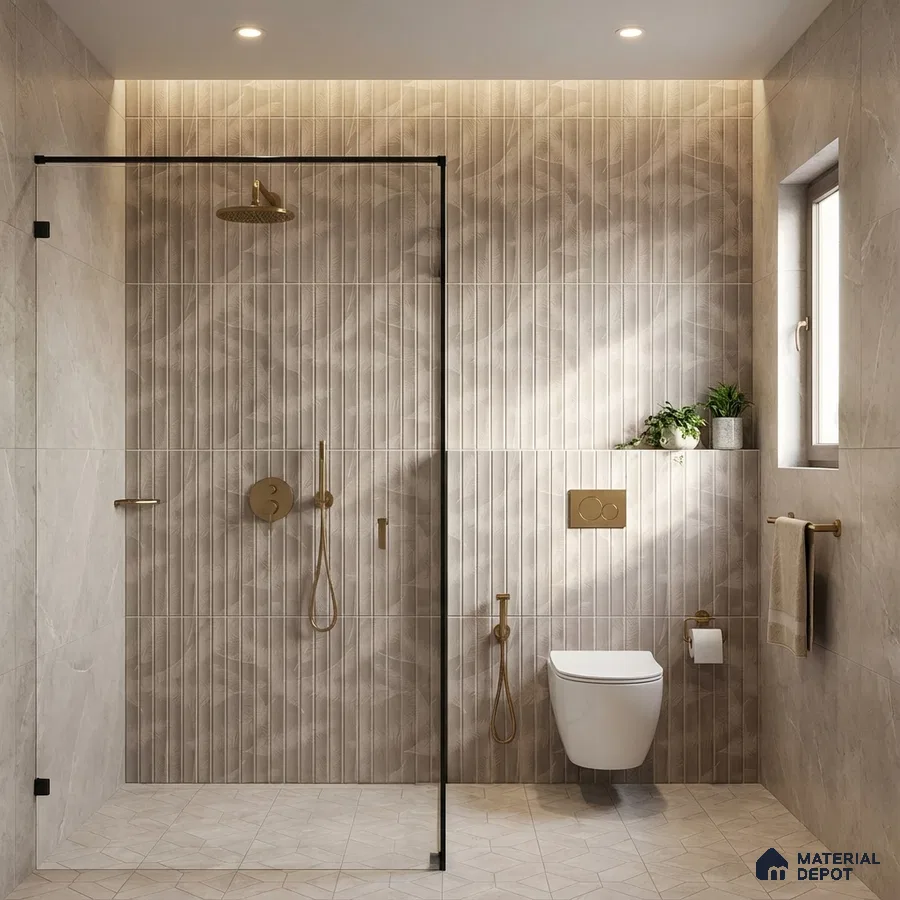 Modern bathroom with beige fluted wall tiles and geometric beige floor tiles