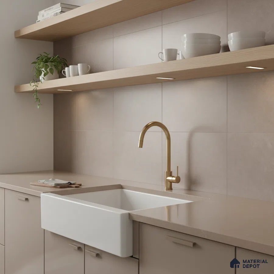 Minimalist kitchen with beige matte laminate cabinets, taupe quartz countertop, and light wood open shelves