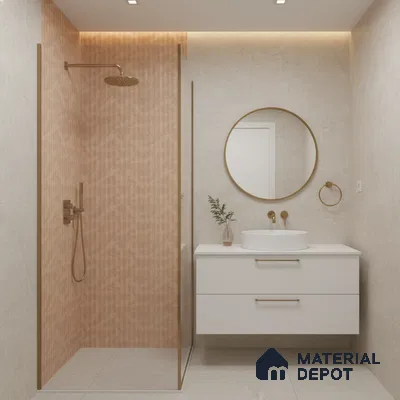 Minimalist bathroom with terracotta fluted wall tiles and matte beige stone tiles