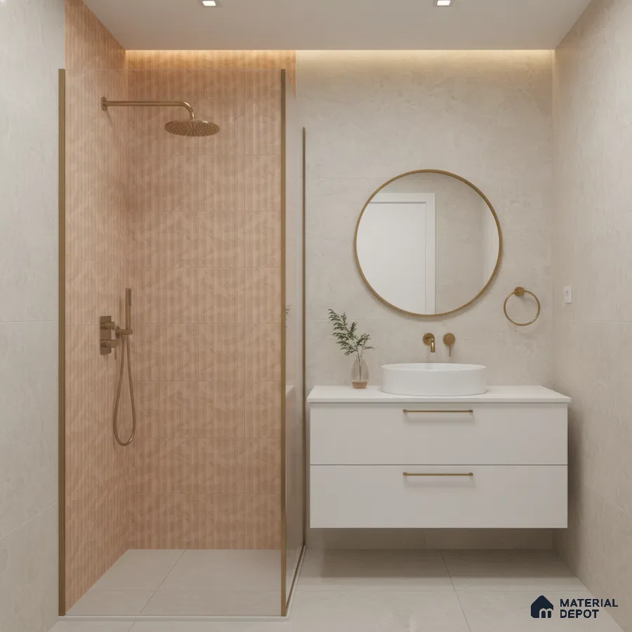 Minimalist bathroom with terracotta fluted wall tiles and matte beige stone tiles
