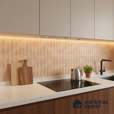 Modern kitchen with beige fluted backsplash tile, white quartz countertop, and walnut wood laminate cabinets