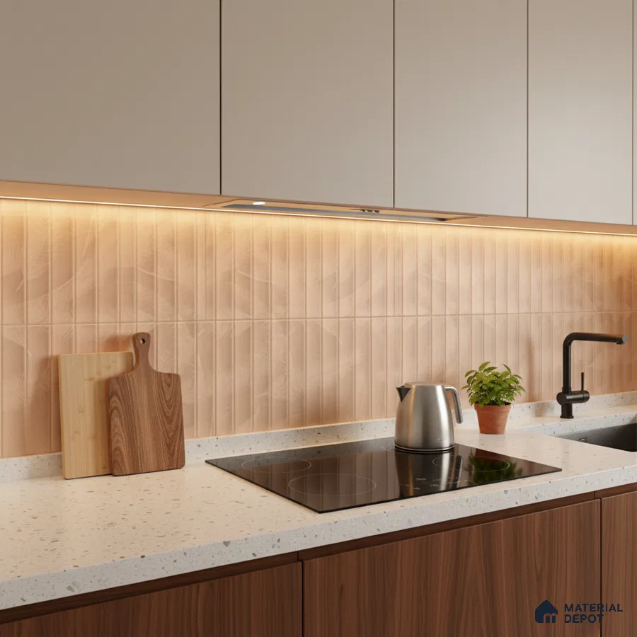 Modern kitchen with beige fluted backsplash tile, white quartz countertop, and walnut wood laminate cabinets
