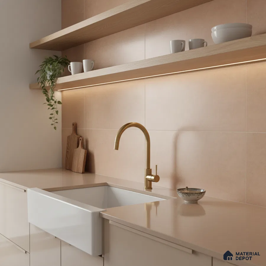 Minimalist kitchen with beige stone backsplash tile, light wood open shelves, and cream quartz countertop