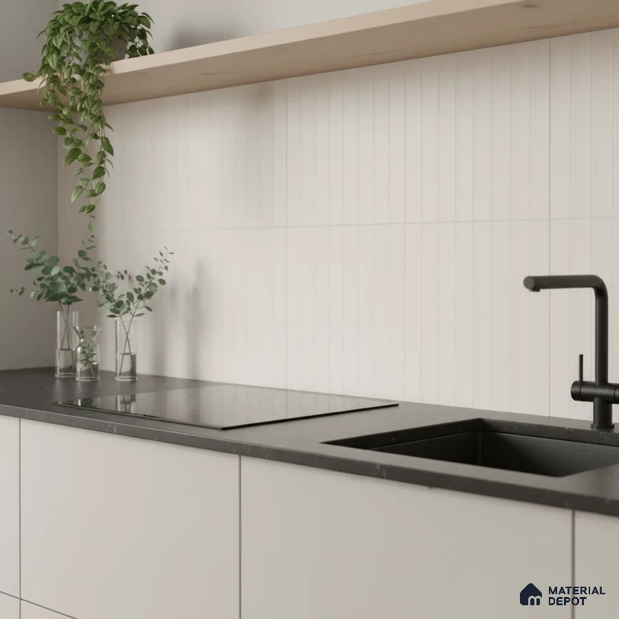 Minimalist kitchen with matte black quartz countertop and white fluted backsplash tile