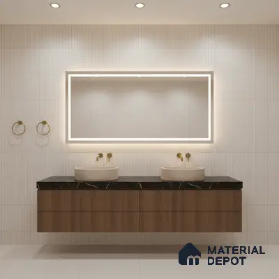 Minimalist bathroom with vertical white wall tiles, black quartz countertop, and walnut wood vanity