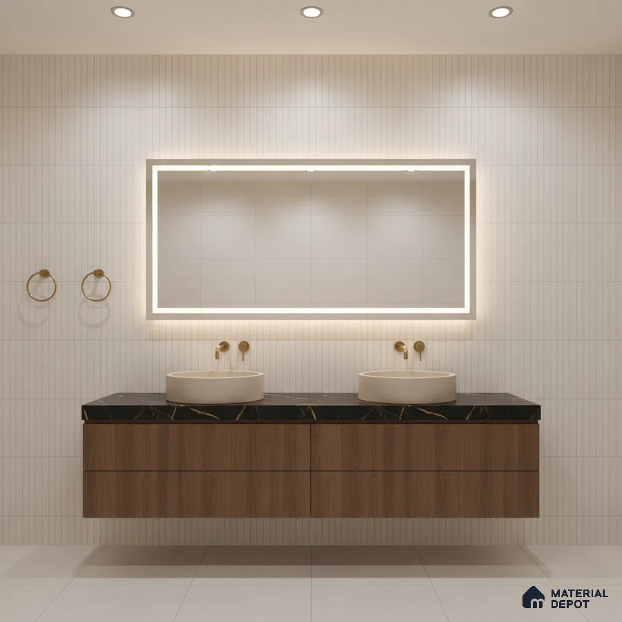 Minimalist bathroom with vertical white wall tiles, black quartz countertop, and walnut wood vanity