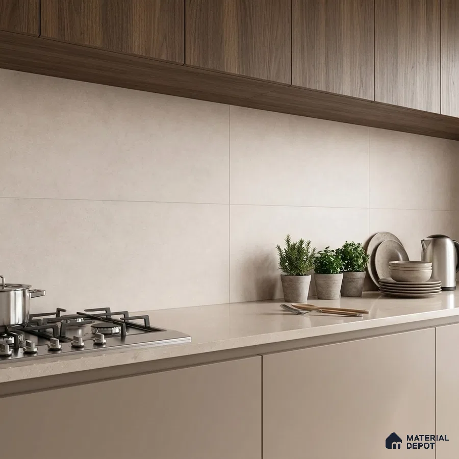 Minimalist kitchen with taupe laminate cabinets, beige quartz countertop, and walnut wood overhead cabinets