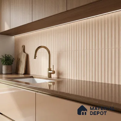 Minimalist kitchen with beige fluted backsplash tile, taupe quartz countertop, and light oak laminate cabinets
