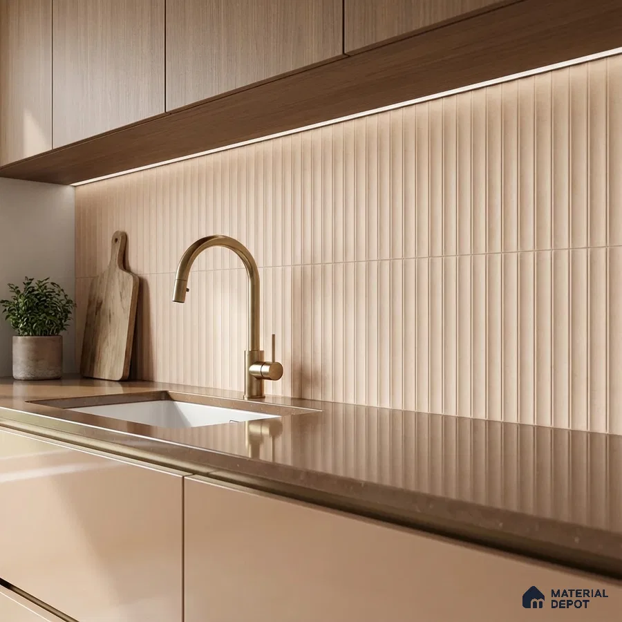 Minimalist kitchen with beige fluted backsplash tile, taupe quartz countertop, and light oak laminate cabinets