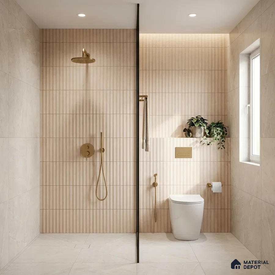 Minimalist bathroom with beige fluted wall tiles and marble-look floor tiles