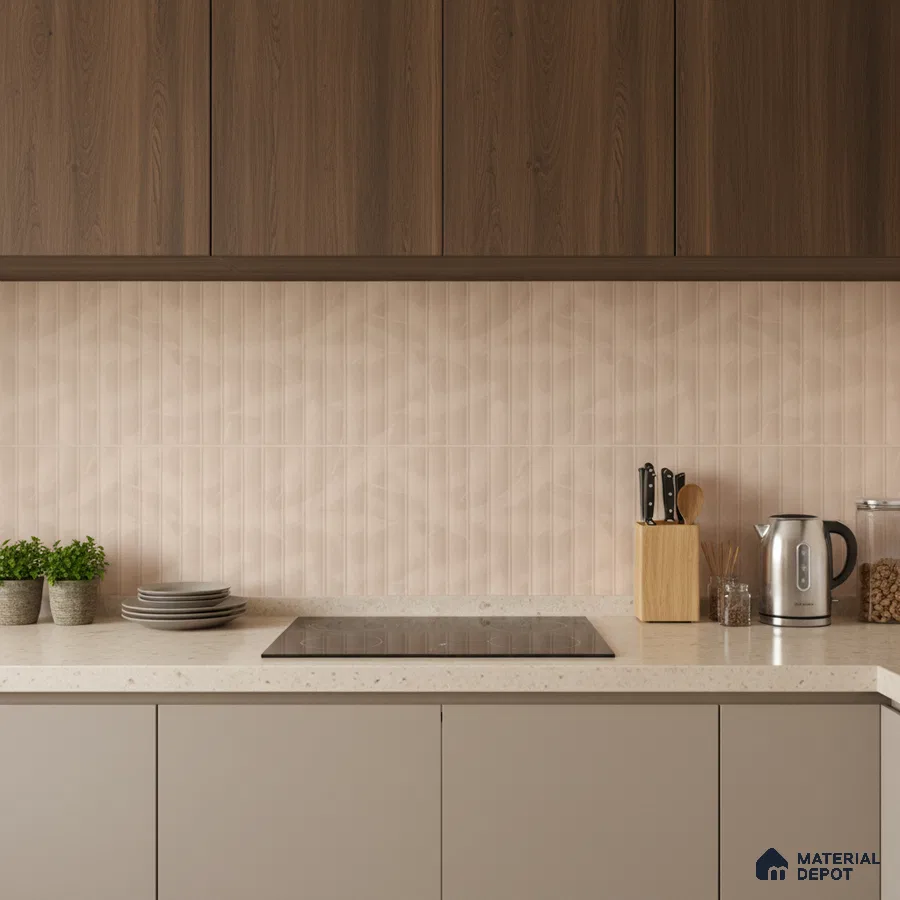 Modern kitchen with walnut wood laminate cabinets, beige solid color laminate base, and textured blush pink backsplash tile