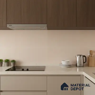 Modern kitchen with walnut brown wood laminate cabinets, beige solid color laminate, and cream quartz countertop