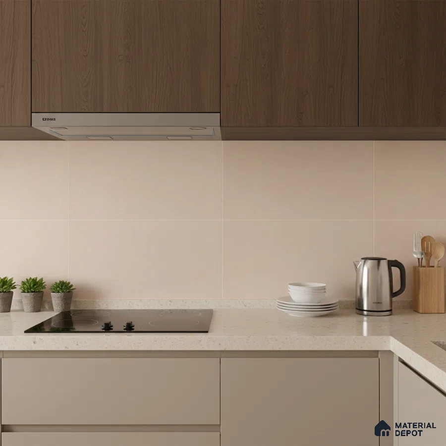 Modern kitchen with walnut brown wood laminate cabinets, beige solid color laminate, and cream quartz countertop