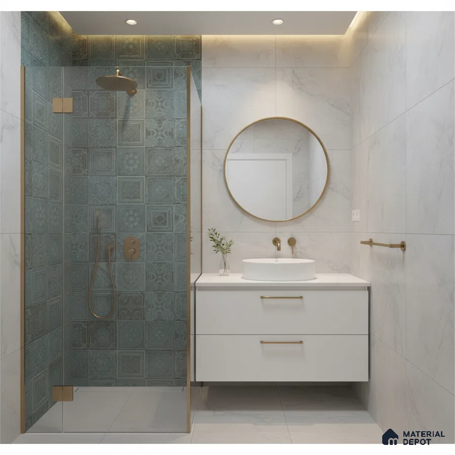 Modern bathroom with blue patterned highlighter wall tile and white marble-look wall tiles