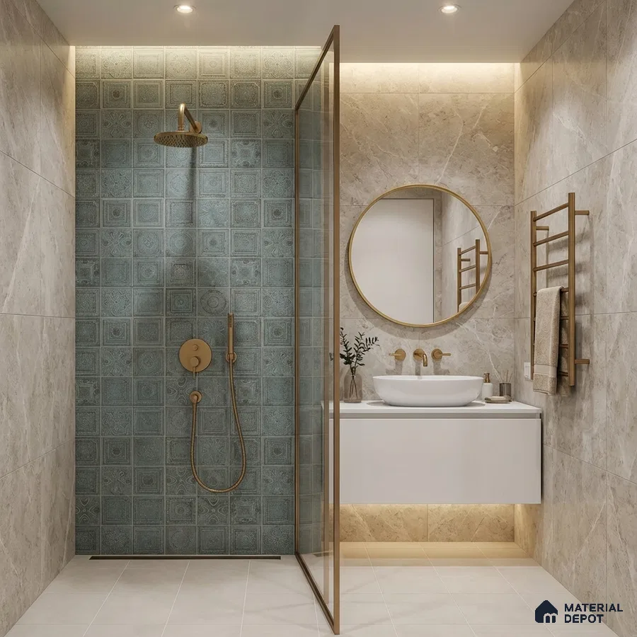 Modern bathroom with blue patterned shower wall tile and beige marble-look wall tiles