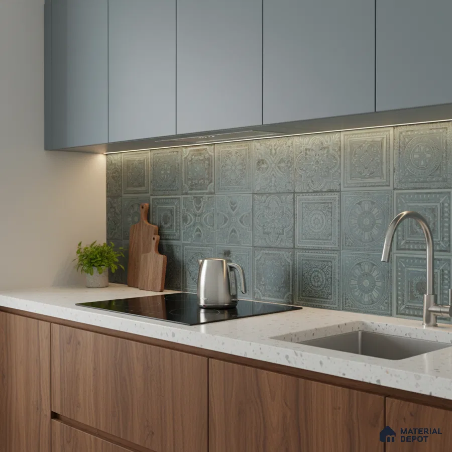 Modern kitchen with blue patterned tile backsplash, walnut wood laminate base cabinets, and white quartz countertop