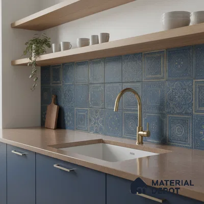 Modern kitchen with blue patterned backsplash tile, matte blue laminate cabinets, and beige quartz countertop
