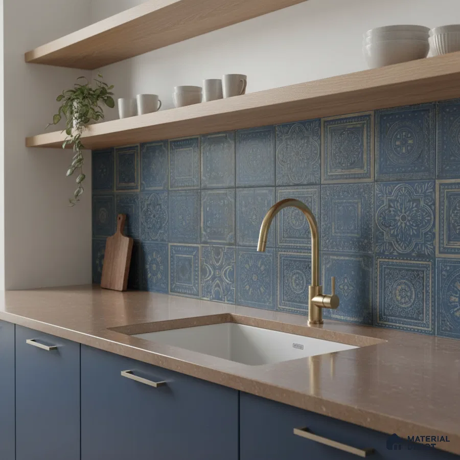 Modern kitchen with blue patterned backsplash tile, matte blue laminate cabinets, and beige quartz countertop