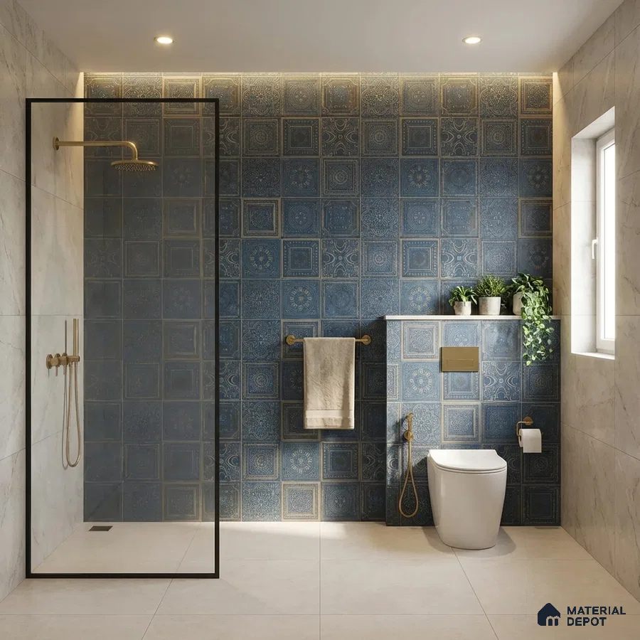 Modern bathroom with blue patterned wall tiles and marble-look floor tiles