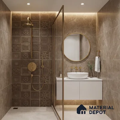 Modern bathroom with brown patterned highlighter wall tile and beige marble-look wall tiles