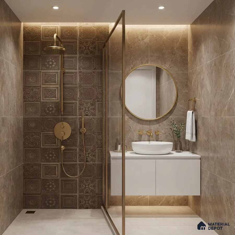 Modern bathroom with brown patterned highlighter wall tile and beige marble-look wall tiles