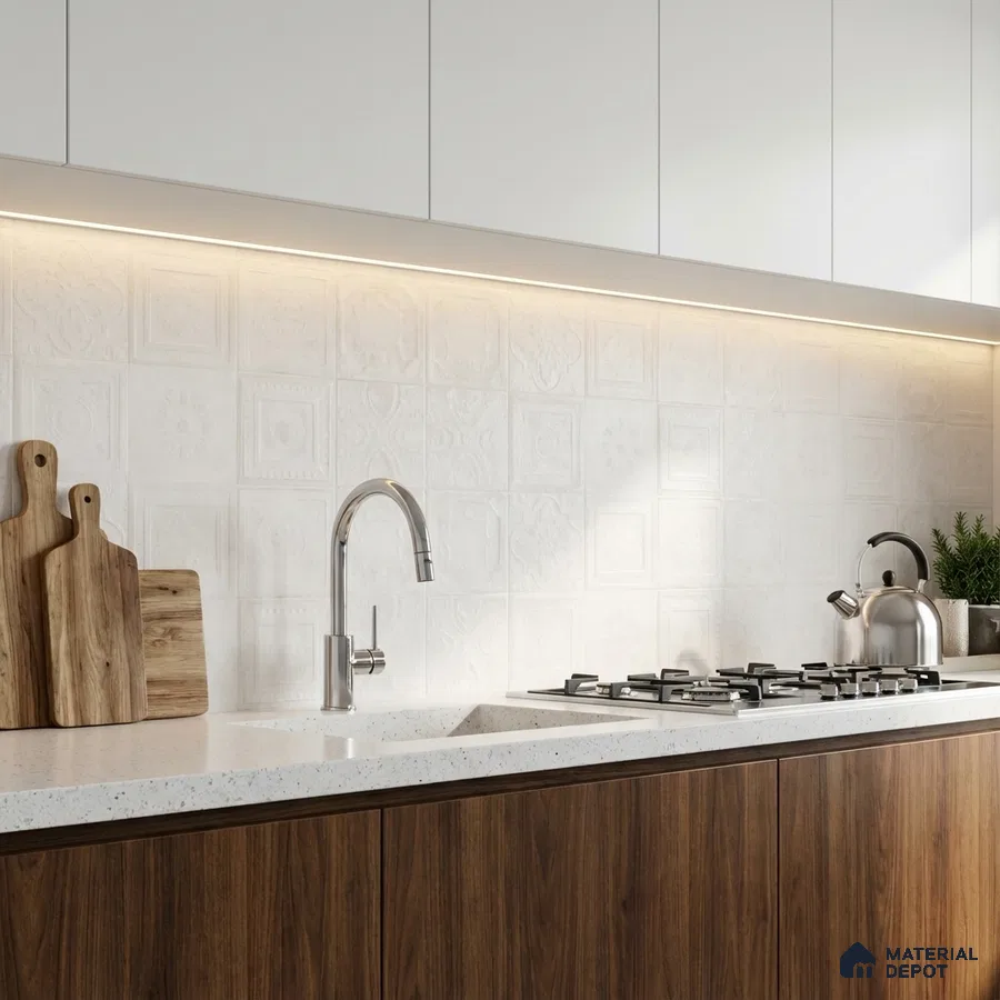Modern kitchen with white patterned backsplash tile, white quartz countertop, and walnut wood laminate cabinets