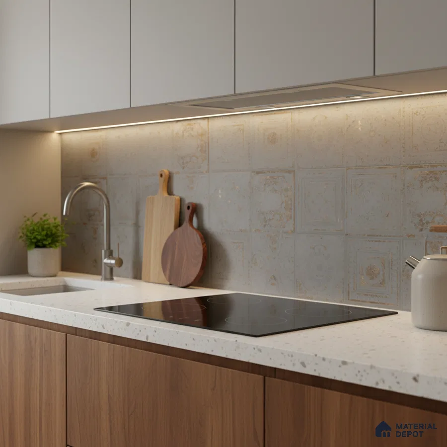 Modern kitchen with white quartz countertop, walnut laminate cabinets, and patterned vintage-look backsplash tiles