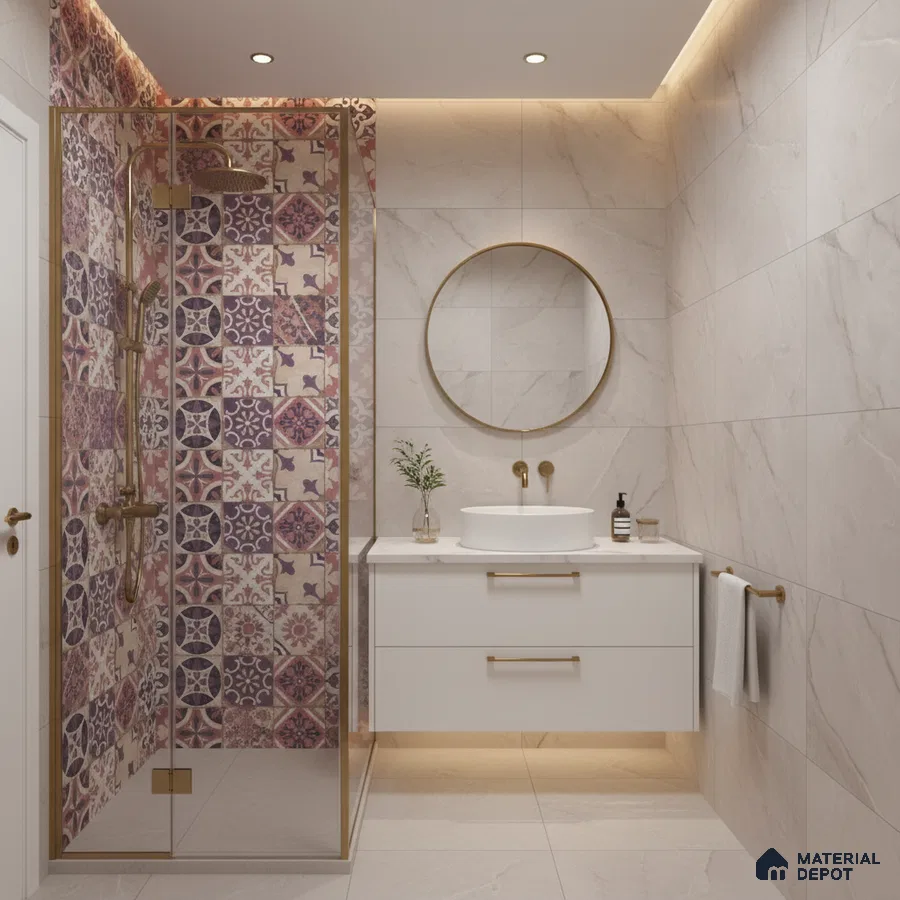 Modern bathroom with patterned moroccan highlighter shower tiles and marble-look wall tiles