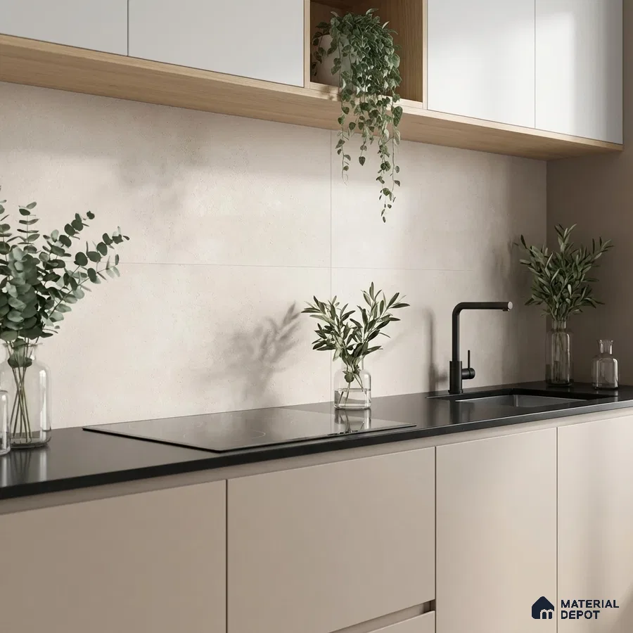 Minimalist kitchen with beige matte laminate cabinets, black quartz countertop, and light beige stone backsplash tile