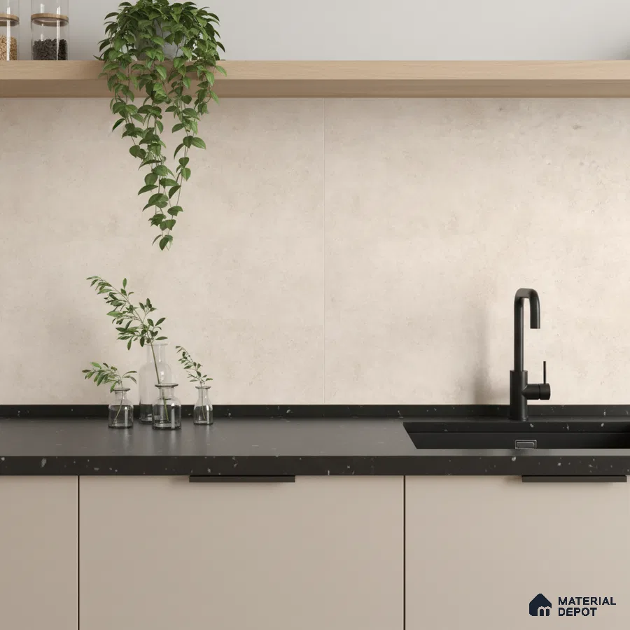 Minimalist kitchen with beige matte laminate cabinets, black quartz countertop, and light beige stone wall tile