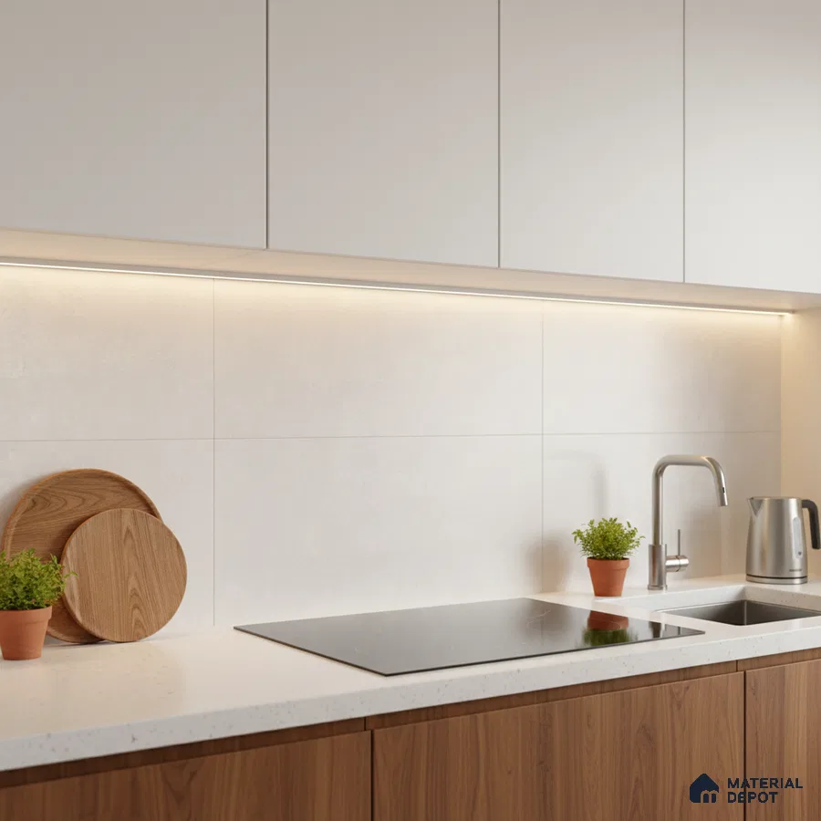 Minimalist kitchen with white solid laminate cabinets, walnut wood laminate base, and white quartz countertop