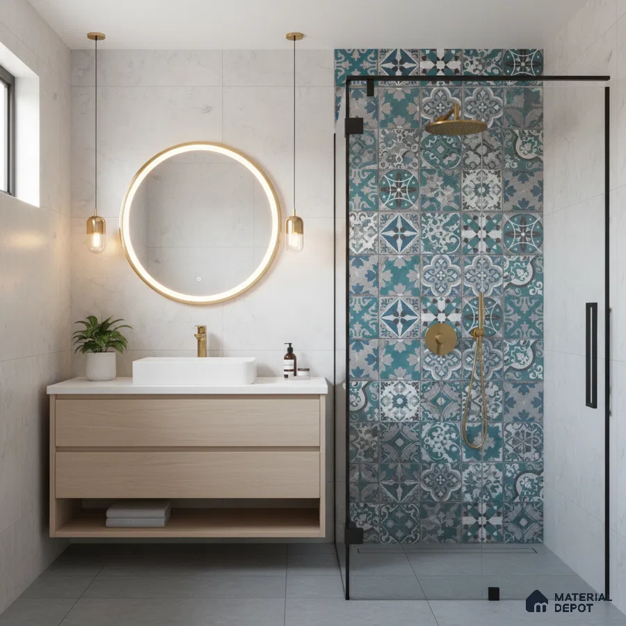Modern kitchen with teal laminate cabinets, black countertop, and blue patterned moroccan backsplash tiles